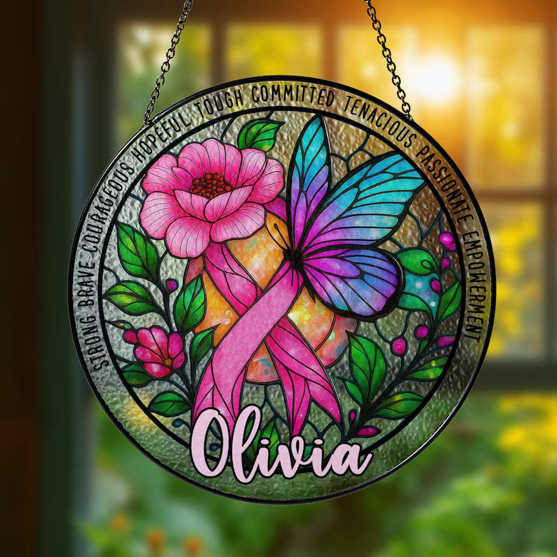 Personalized Breast Cancer Awareness Stained Glass Suncatcher, Pink Ribbon Butterfly Floral Window Hanging, Survivor Support Gift