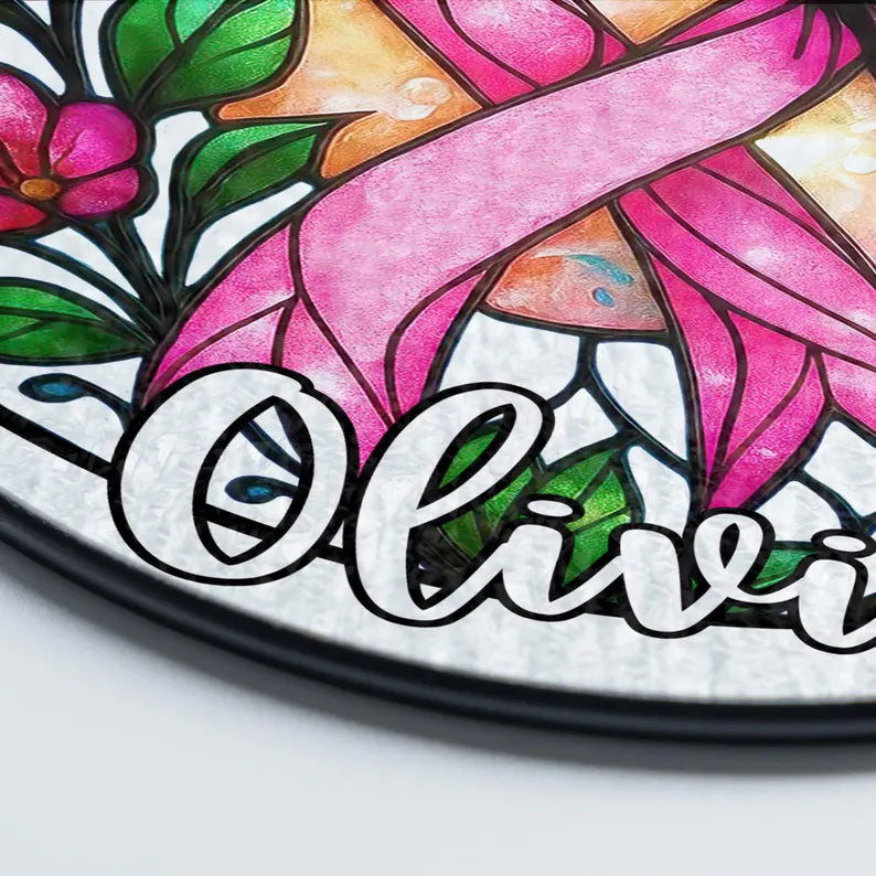 Personalized Breast Cancer Awareness Stained Glass Suncatcher, Pink Ribbon Butterfly Floral Window Hanging, Survivor Support Gift