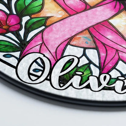 Personalized Breast Cancer Awareness Stained Glass Suncatcher, Pink Ribbon Butterfly Floral Window Hanging, Survivor Support Gift
