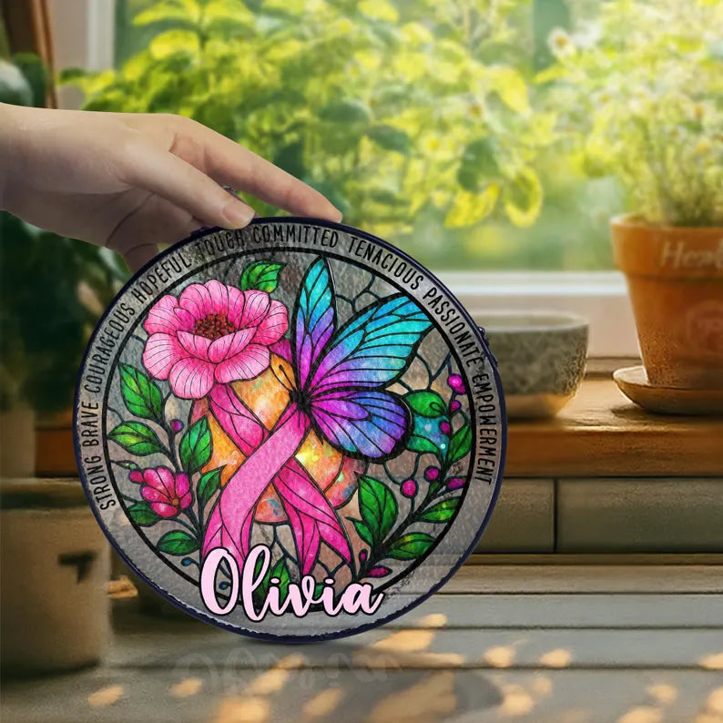 Personalized Breast Cancer Awareness Stained Glass Suncatcher, Pink Ribbon Butterfly Floral Window Hanging, Survivor Support Gift