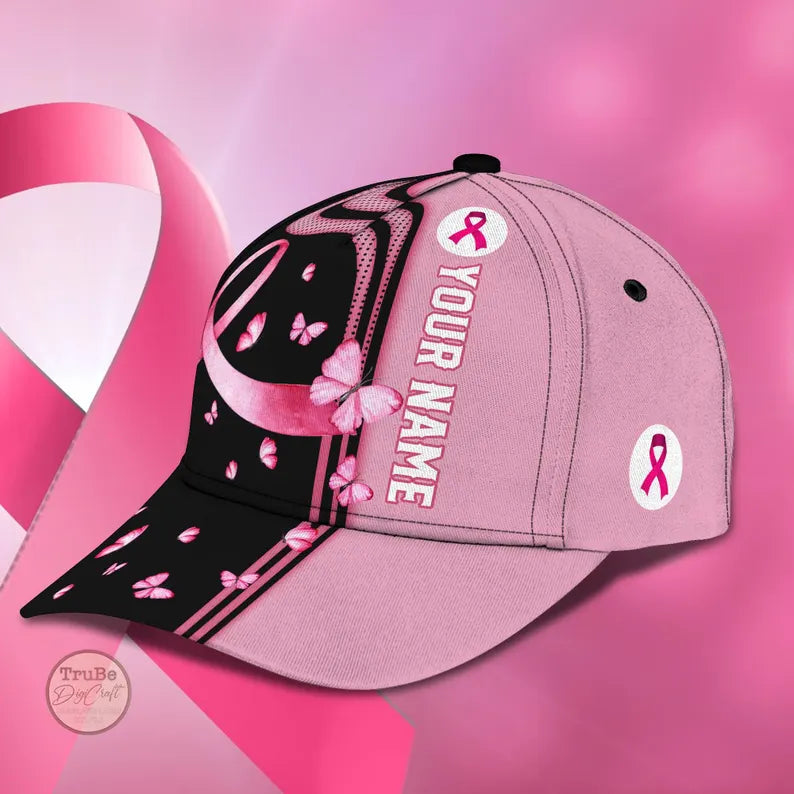 Personalized Pink Ribbon Baseball Cap: Breast Cancer Awareness Butterfly Hat