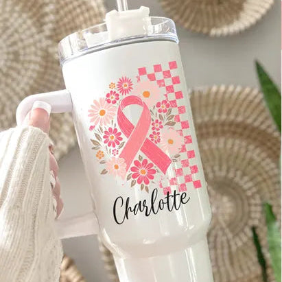 Personalized Pink Ribbon Tumbler, Floral Breast Cancer Awareness Gift