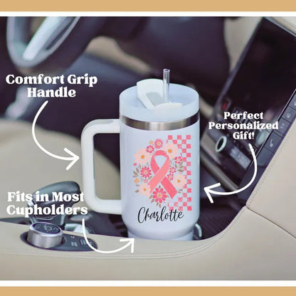 Personalized Pink Ribbon Tumbler, Floral Breast Cancer Awareness Gift