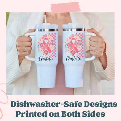 Personalized Pink Ribbon Tumbler, Floral Breast Cancer Awareness Gift