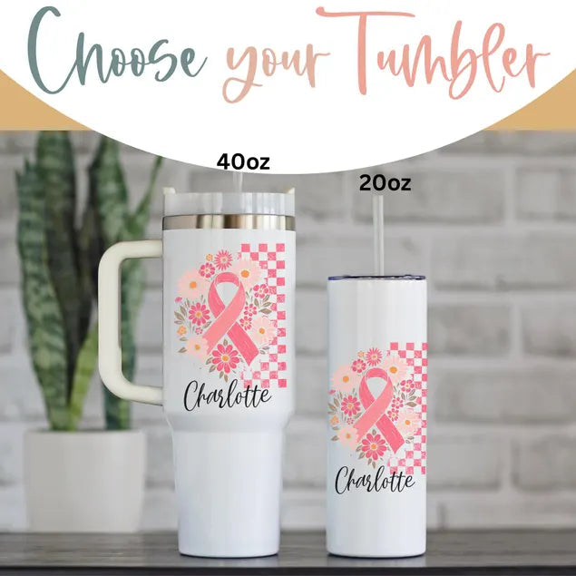 Personalized Pink Ribbon Tumbler, Floral Breast Cancer Awareness Gift