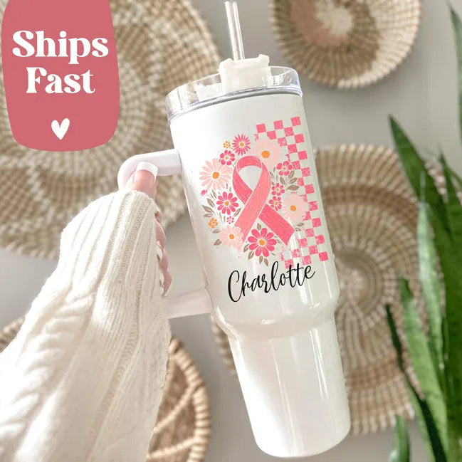 Personalized Pink Ribbon Tumbler, Floral Breast Cancer Awareness Gift