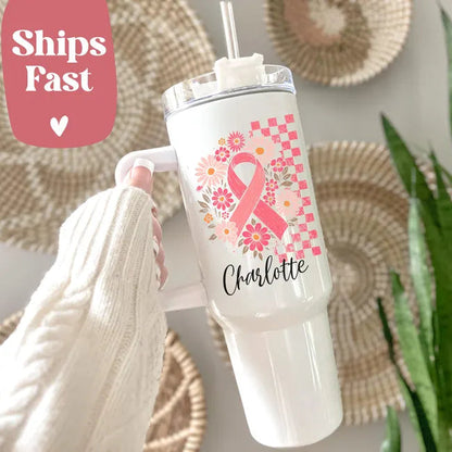 Personalized Pink Ribbon Tumbler, Floral Breast Cancer Awareness Gift