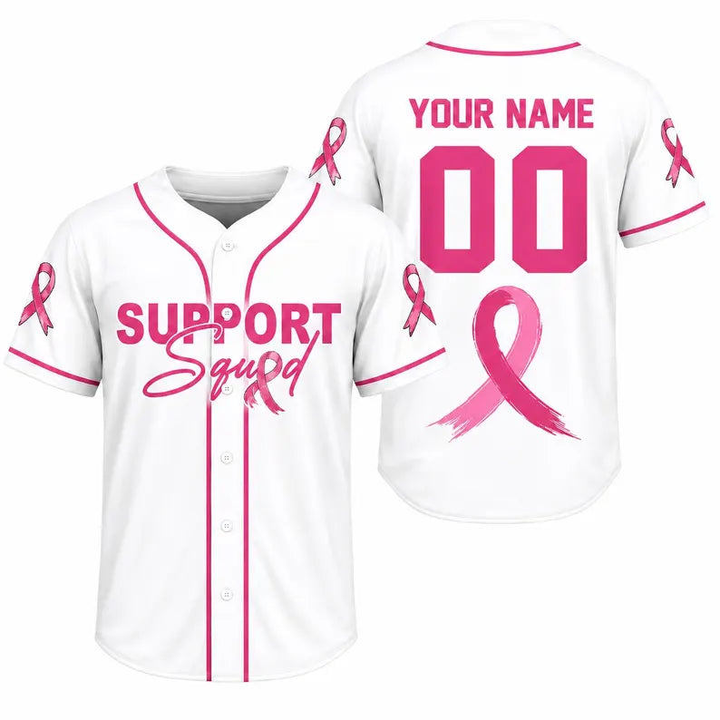 Personalized Breast Cancer Awareness Baseball Jersey, Support Squad Pink Ribbon Shirt, Custom Name Number Pink Stripe Team Jersey Gift