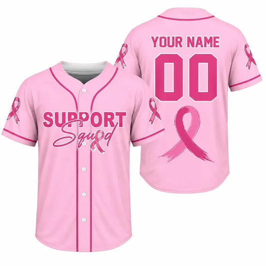 Personalized Breast Cancer Awareness Baseball Jersey, Support Squad Pink Ribbon Shirt, Custom Name Number Pink Stripe Team Jersey Gift