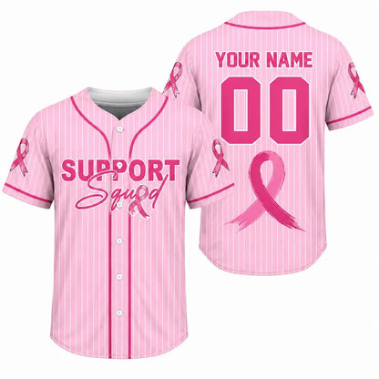 Personalized Breast Cancer Awareness Baseball Jersey, Support Squad Pink Ribbon Shirt, Custom Name Number Pink Stripe Team Jersey Gift