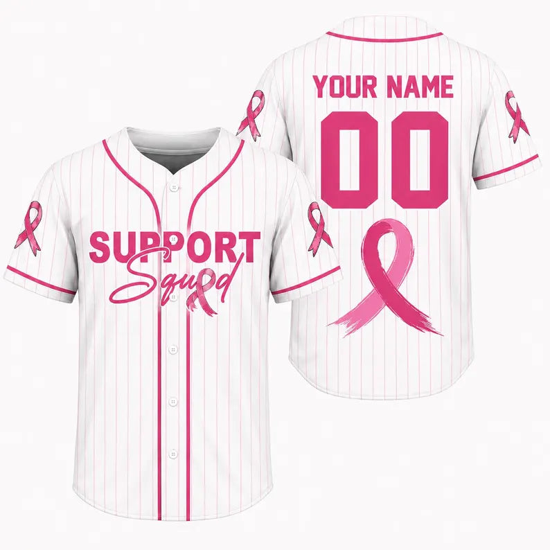 Personalized Breast Cancer Awareness Baseball Jersey, Support Squad Pink Ribbon Shirt, Custom Name Number Pink Stripe Team Jersey Gift