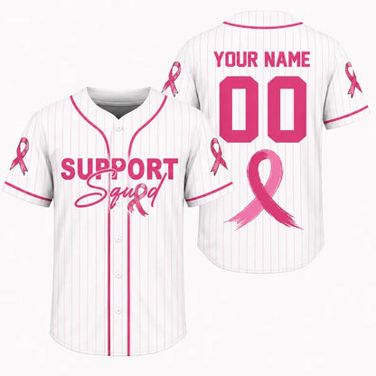 Personalized Breast Cancer Awareness Baseball Jersey, Support Squad Pink Ribbon Shirt, Custom Name Number Pink Stripe Team Jersey Gift