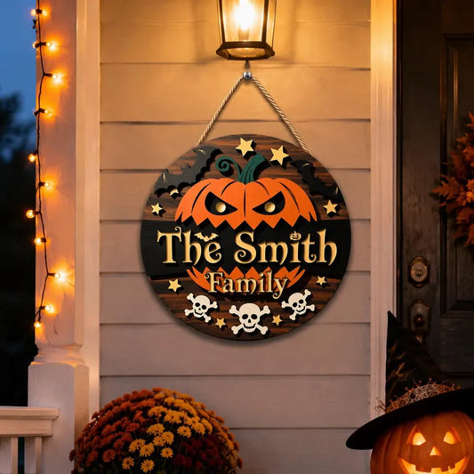 Personalized Pumpkin Family Wooden Sign, Custom Halloween Door Hanger, Autumn Wall Art Gift