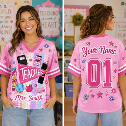 Personalized Teacher Baseball Jersey, Custom Teacher Name Shirt, Pink Teacher Jersey, Back to School Gift, Cute Teacher Apparel Tee