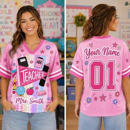 Personalized Teacher Baseball Jersey, Custom Teacher Name Shirt, Pink Teacher Jersey, Back to School Gift, Cute Teacher Apparel Tee