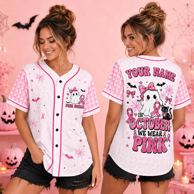 Personalized In October We Wear Pink Baseball Jersey, Custom Breast Cancer Awareness Shirt, Ghost Pink Ribbon Halloween Jersey Team Shirt