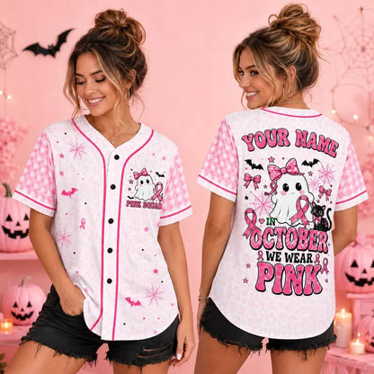 Personalized In October We Wear Pink Baseball Jersey, Custom Breast Cancer Awareness Shirt, Ghost Pink Ribbon Halloween Jersey Team Shirt