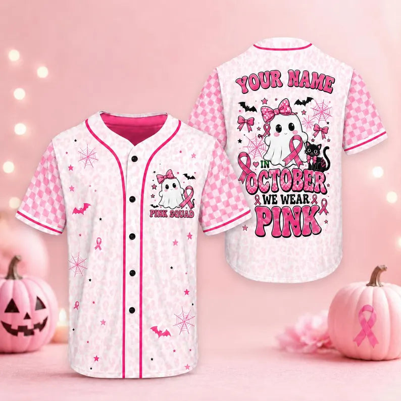 Personalized In October We Wear Pink Baseball Jersey, Custom Breast Cancer Awareness Shirt, Ghost Pink Ribbon Halloween Jersey Team Shirt