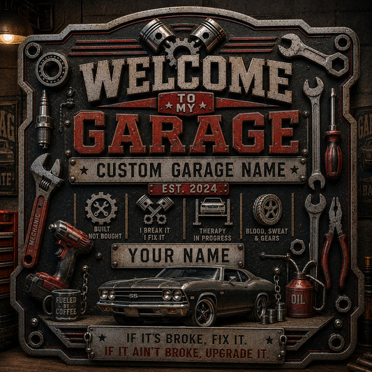 Personalized Welcome To My Garage Metal Sign – Custom Garage Name – Vintage Mechanic Workshop Wall Decor