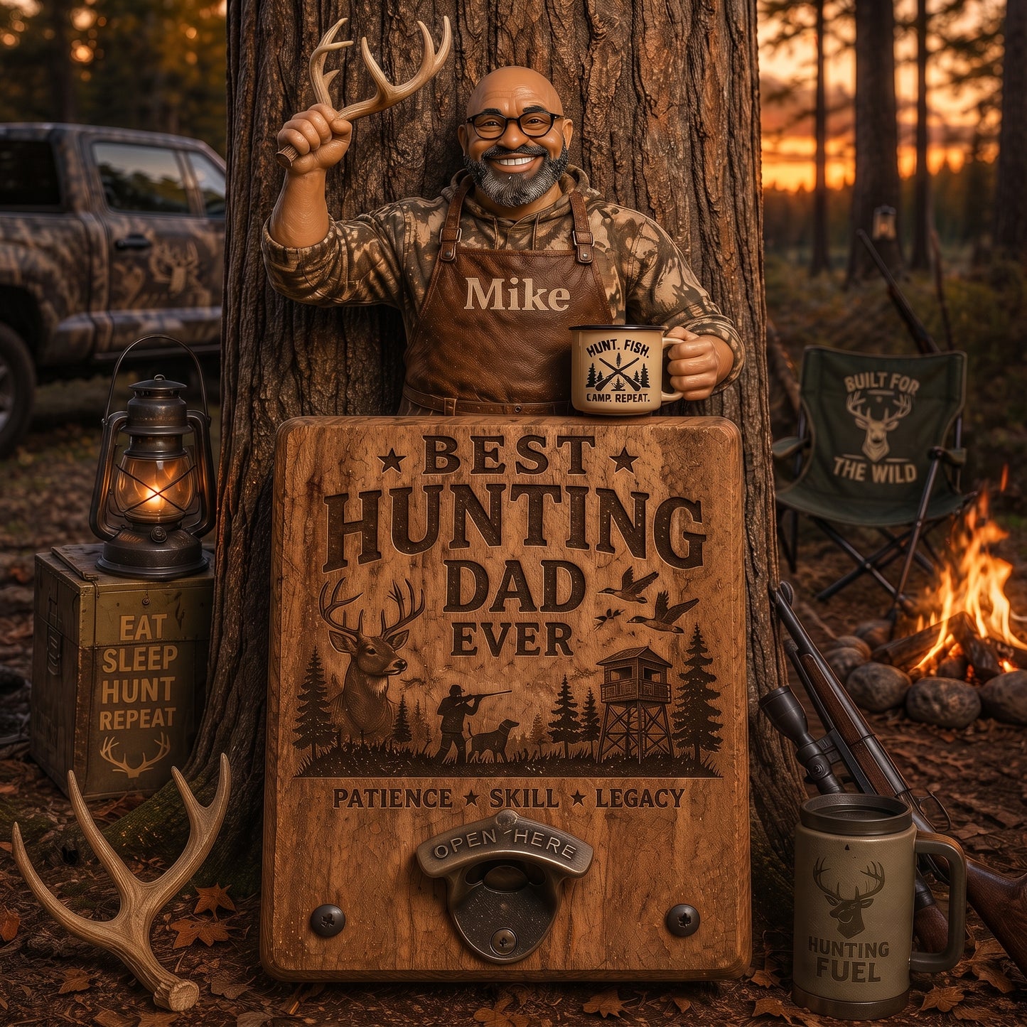 Personalized Best Hunting Dad Ever Wall Bottle Opener – Custom Photo Wooden Hunting Gift for Dad