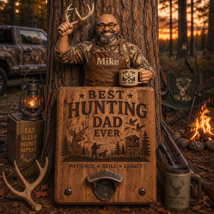 Personalized Best Hunting Dad Ever Wall Bottle Opener – Custom Photo Wooden Hunting Gift for Dad