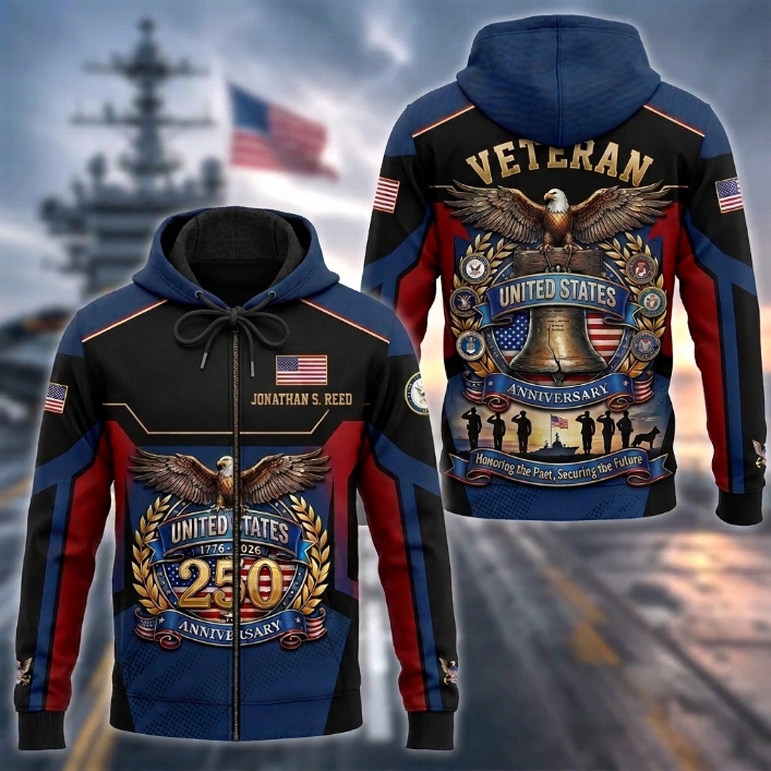 Personalized U.S. Veteran 250th Anniversary Zip Hoodie, Custom Name Military Hoodie, Patriotic United States 1776–2026 Veteran Gift