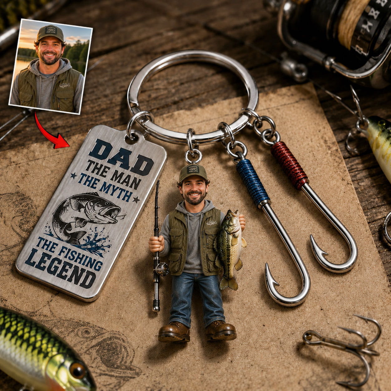 Personalized Fishing Dad Keychain With Charms - Custom Photo Father's Day Gift For Fisherman