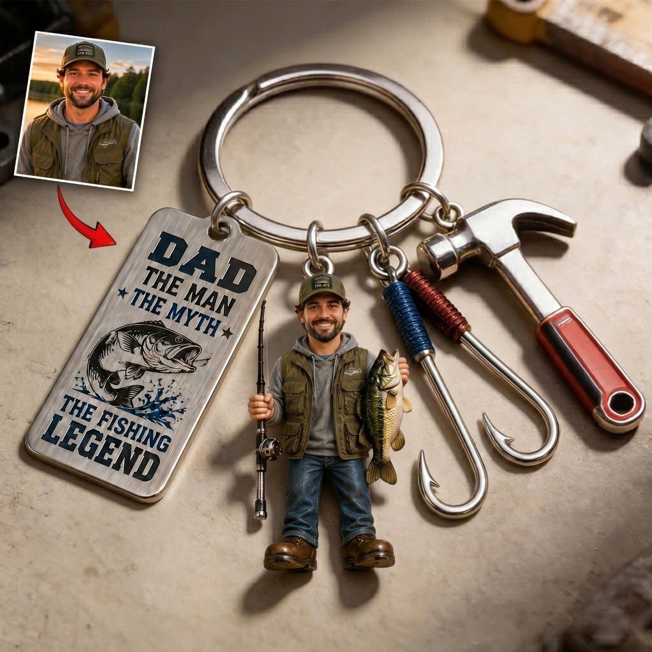 Personalized Fishing Dad Keychain With Charms - Custom Photo Father's Day Gift For Fisherman