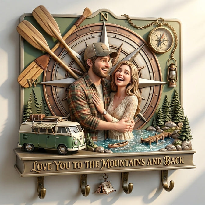 Love You To The Mountains And Back - Personalized Camping Couple Custom Shaped Hanging Rack | Adventure Lovers Gift