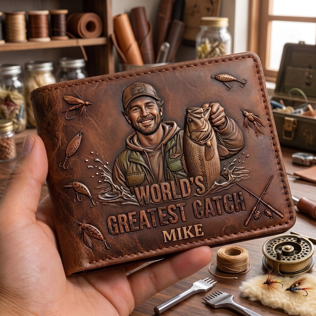 World's Greatest Catch - Personalized Fishing Dad Leather Wallet