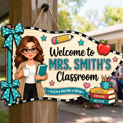 Welcome To Teacher Classroom Pennant Flag Shaped - Personalized Wood Sign