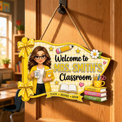 Welcome To Teacher Classroom Pennant Flag Shaped - Personalized Wood Sign
