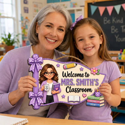 Welcome To Teacher Classroom Pennant Flag Shaped - Personalized Wood Sign