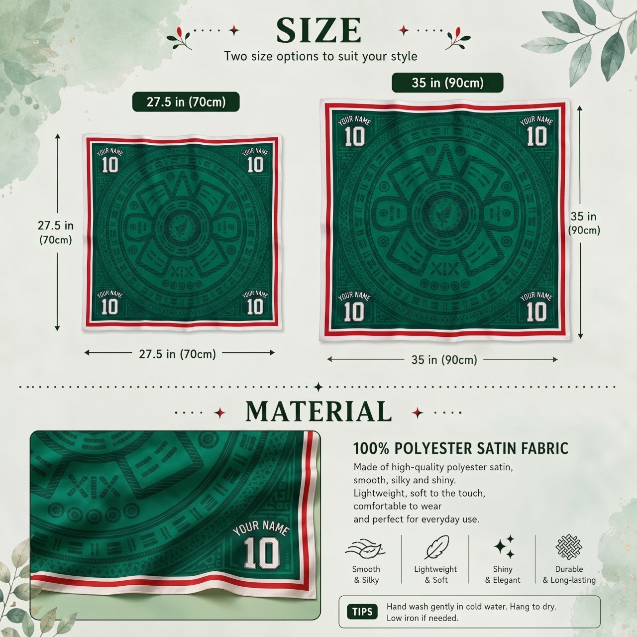 Southwestern Inspired Mexico Soccer Satin Head Scarf – Green Match Day Bandana for Women, Custom Name & Number Football Outfit
