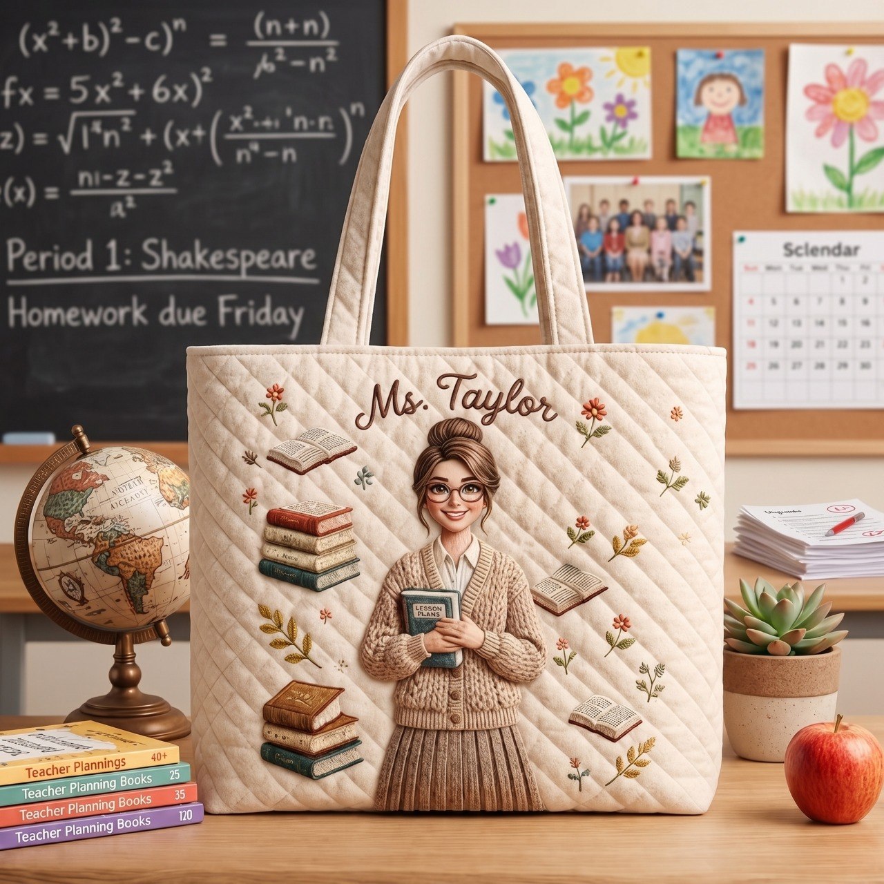 Teacher Love - Personalized Teacher Quilted Tote Bag With Plush Charm
