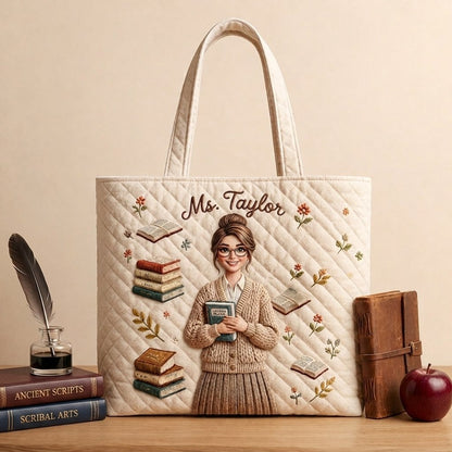 Teacher Love - Personalized Teacher Quilted Tote Bag With Plush Charm