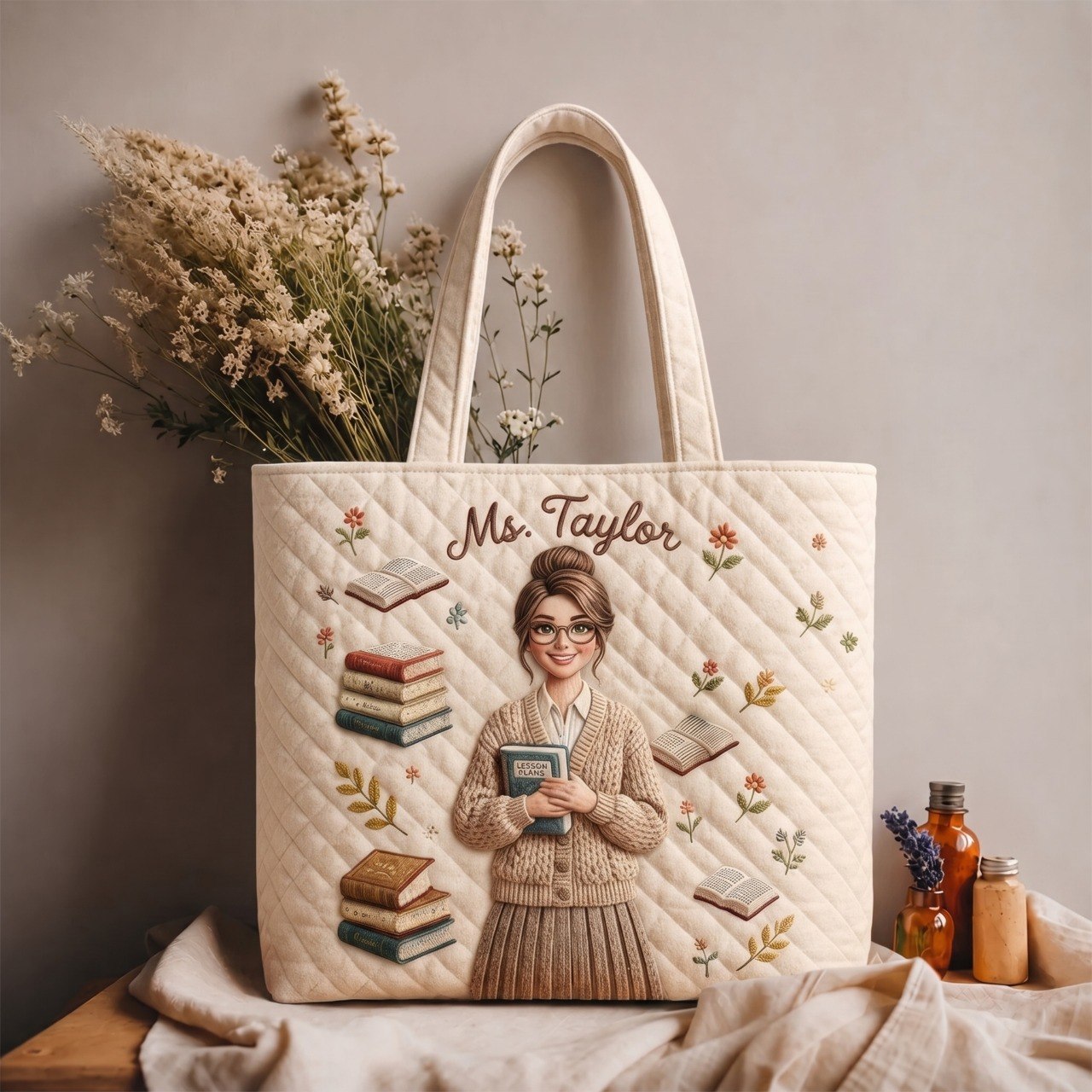 Teacher Love - Personalized Teacher Quilted Tote Bag With Plush Charm