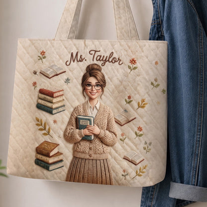 Teacher Love - Personalized Teacher Quilted Tote Bag With Plush Charm