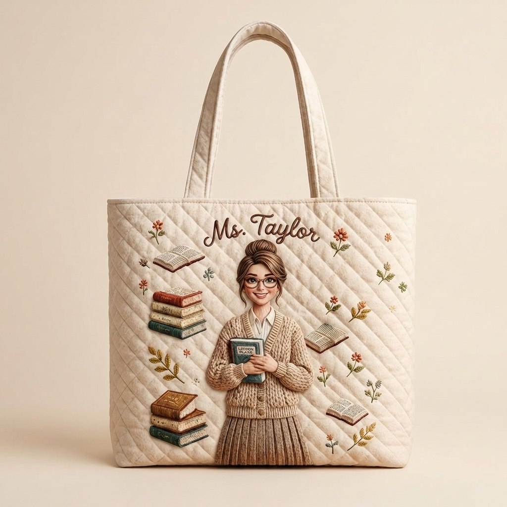 Teacher Love - Personalized Teacher Quilted Tote Bag With Plush Charm