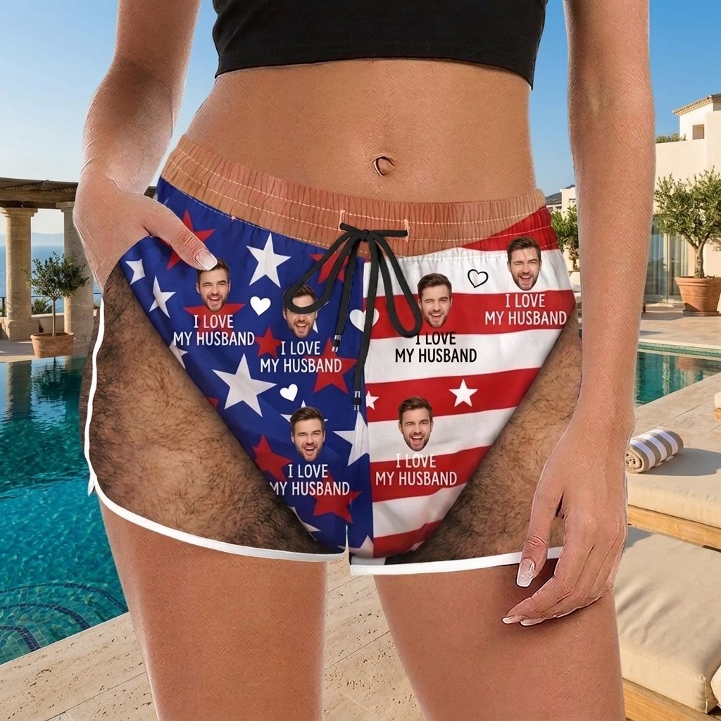 Funny Love My Wife and Husband, Custom Face Patriotic Beach Shorts - Funny Personalized Gift for Couples