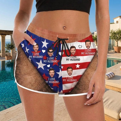 Funny Love My Wife and Husband, Custom Face Patriotic Beach Shorts - Funny Personalized Gift for Couples
