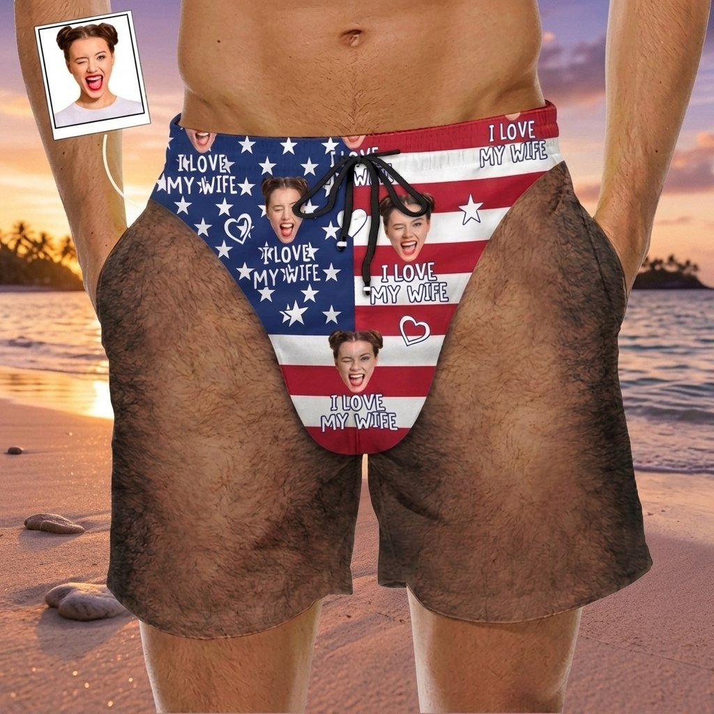 Funny Love My Wife and Husband, Custom Face Patriotic Beach Shorts - Funny Personalized Gift for Couples