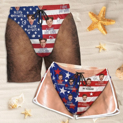 Funny Love My Wife and Husband, Custom Face Patriotic Beach Shorts - Funny Personalized Gift for Couples