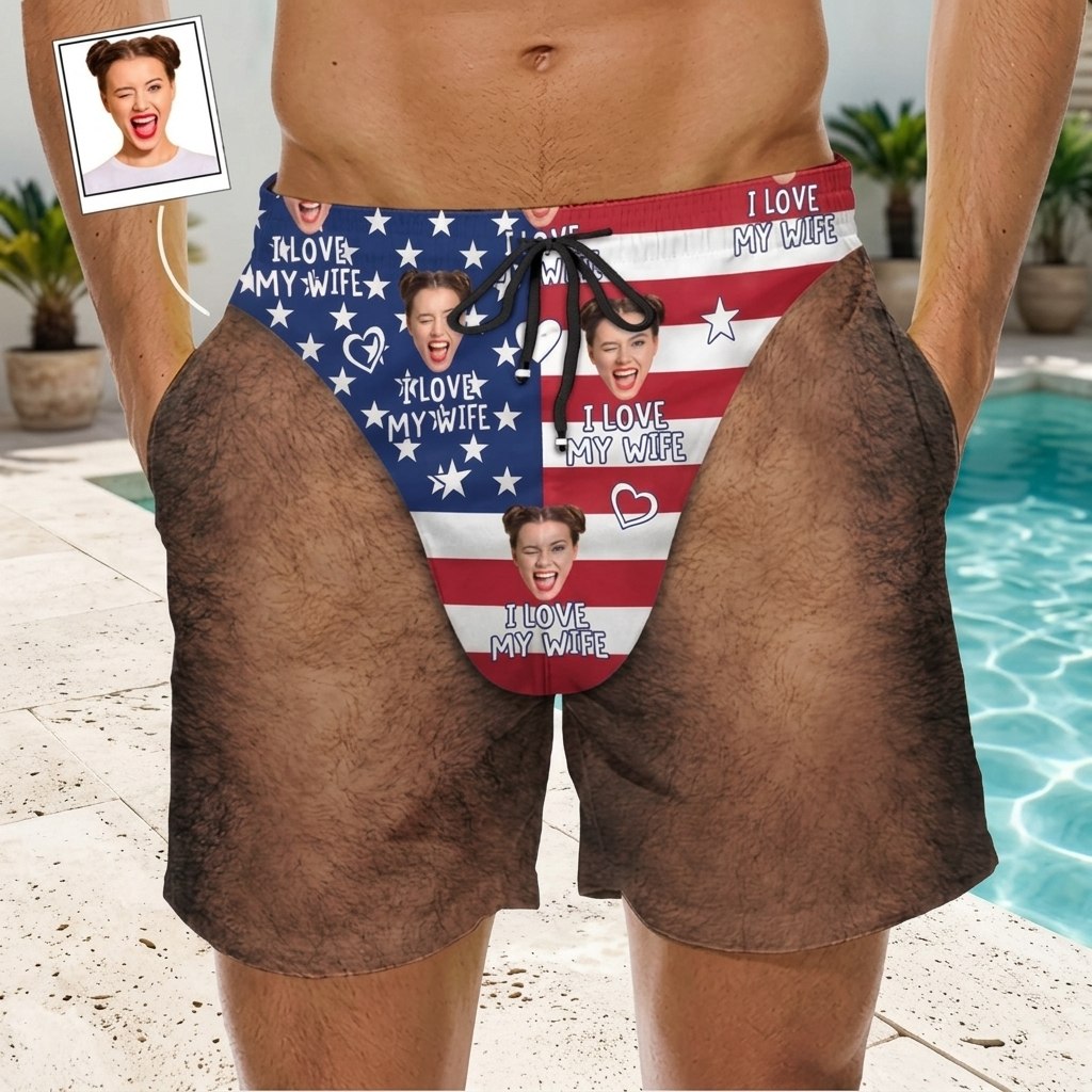 Funny Love My Wife and Husband, Custom Face Patriotic Beach Shorts - Funny Personalized Gift for Couples