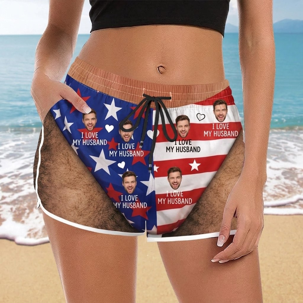 Funny Love My Wife and Husband, Custom Face Patriotic Beach Shorts - Funny Personalized Gift for Couples