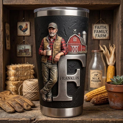 Any Photo, Holding Any Item - Personalized Farmer Tumbler With Custom Name & Initial
