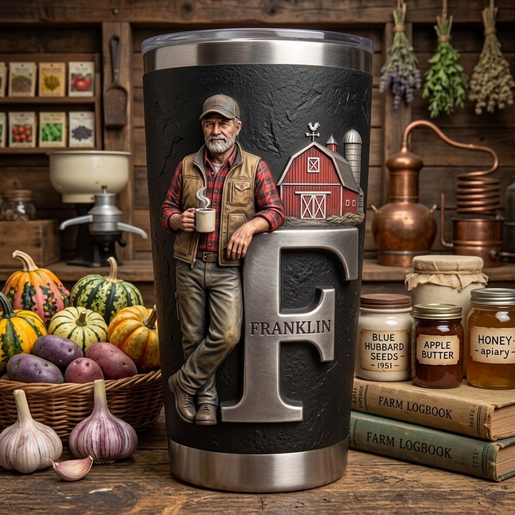 Any Photo, Holding Any Item - Personalized Farmer Tumbler With Custom Name & Initial