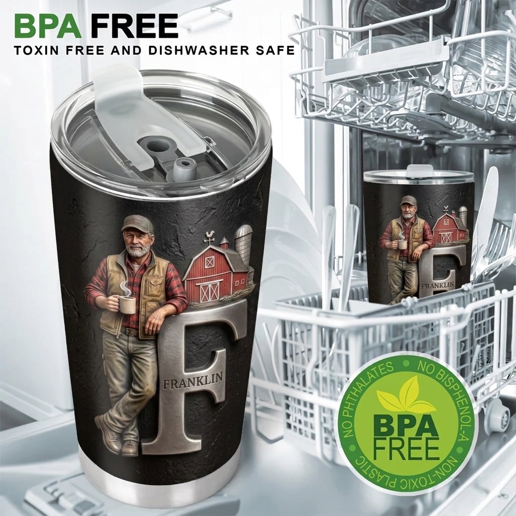 Any Photo, Holding Any Item - Personalized Farmer Tumbler With Custom Name & Initial
