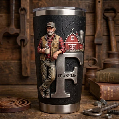 Any Photo, Holding Any Item - Personalized Farmer Tumbler With Custom Name & Initial