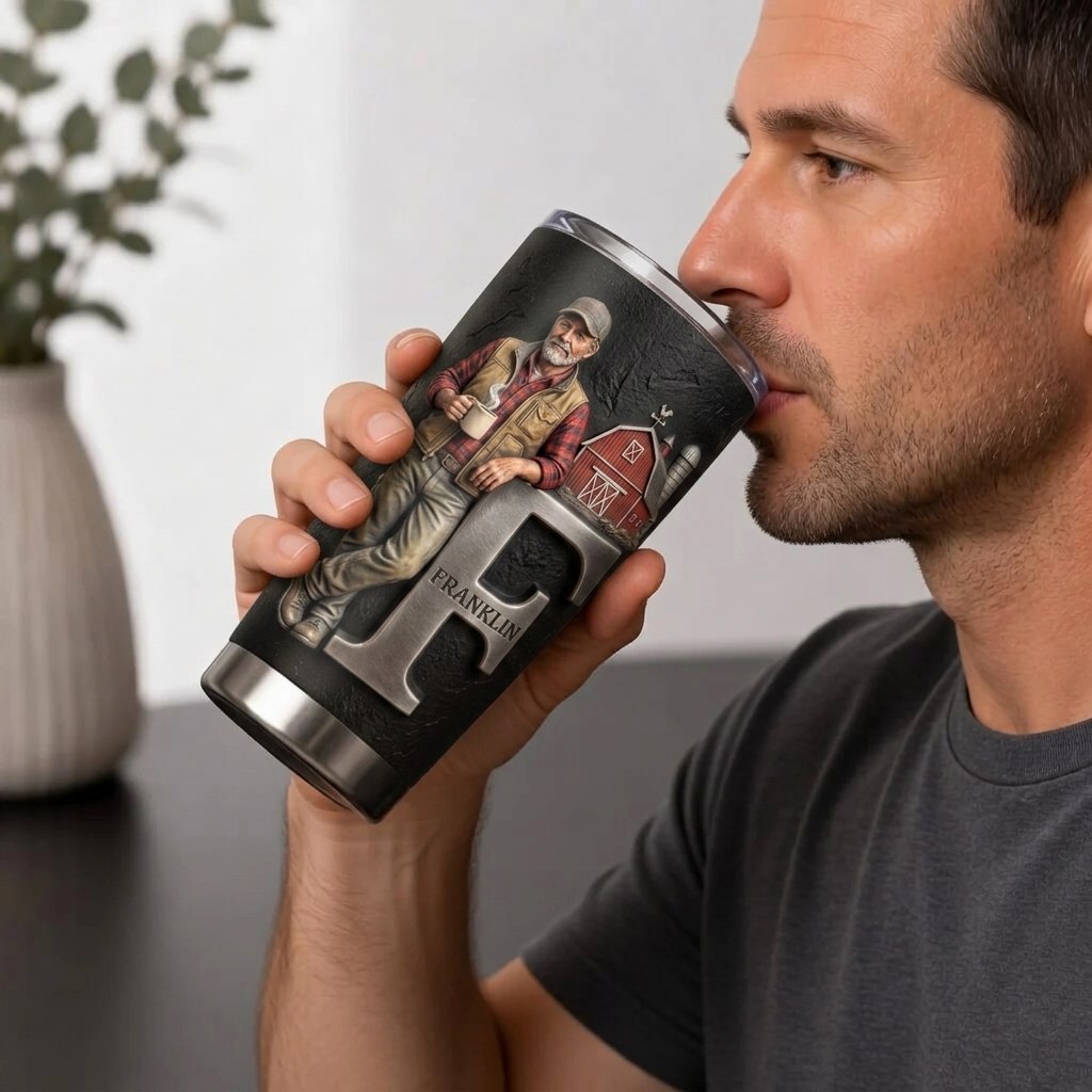 Any Photo, Holding Any Item - Personalized Farmer Tumbler With Custom Name & Initial